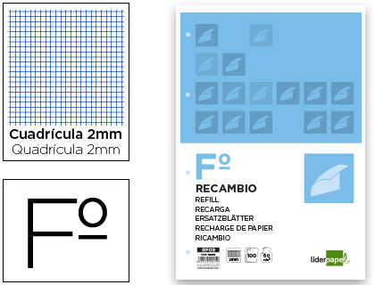 Recambio Liderpapel Din A-4 100h 60g/m² milimetrado 4 taladros